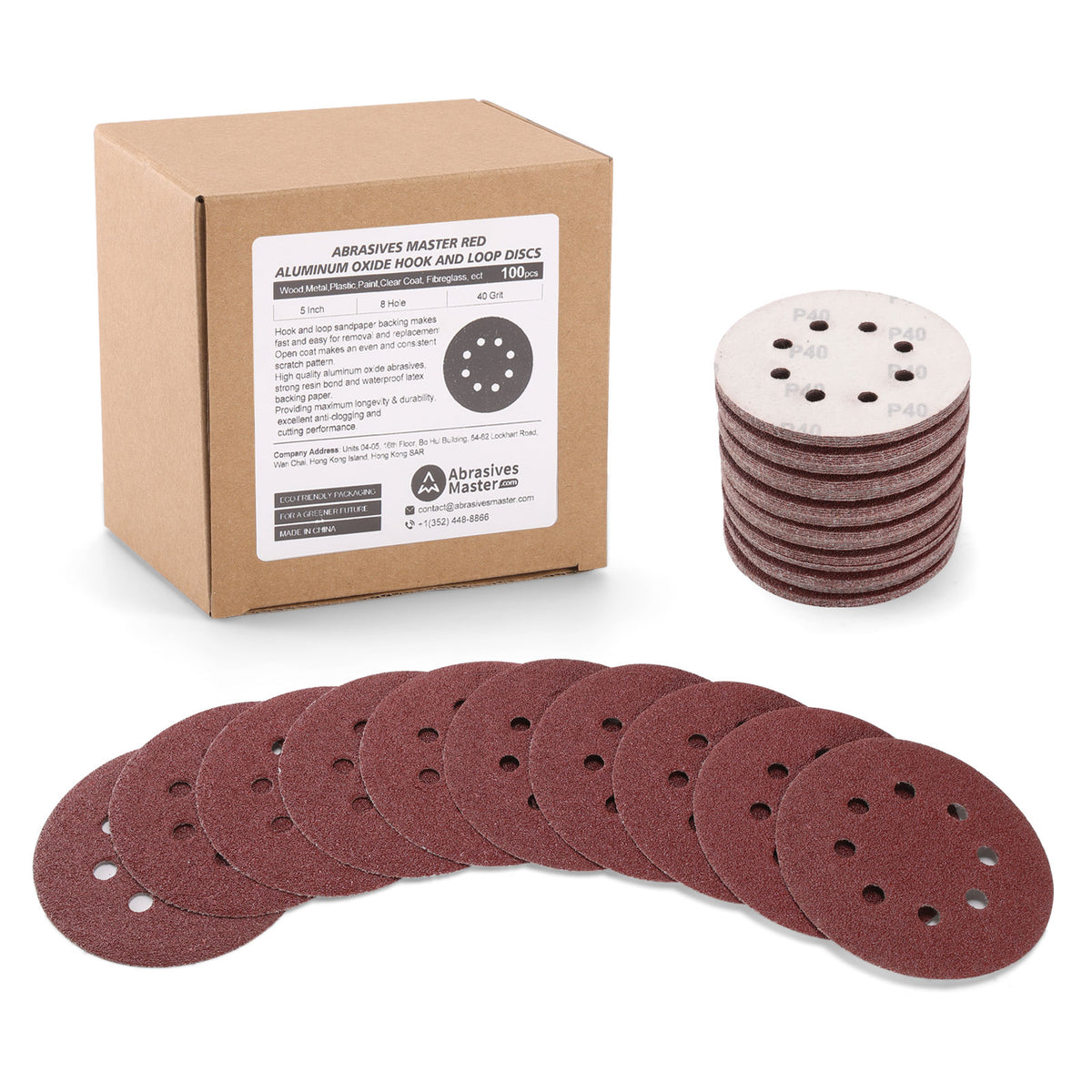 5" (125mm) 8-Hole Red Grain Aluminum Oxide Hook & Loop Sanding Discs - 100Pcs/Box