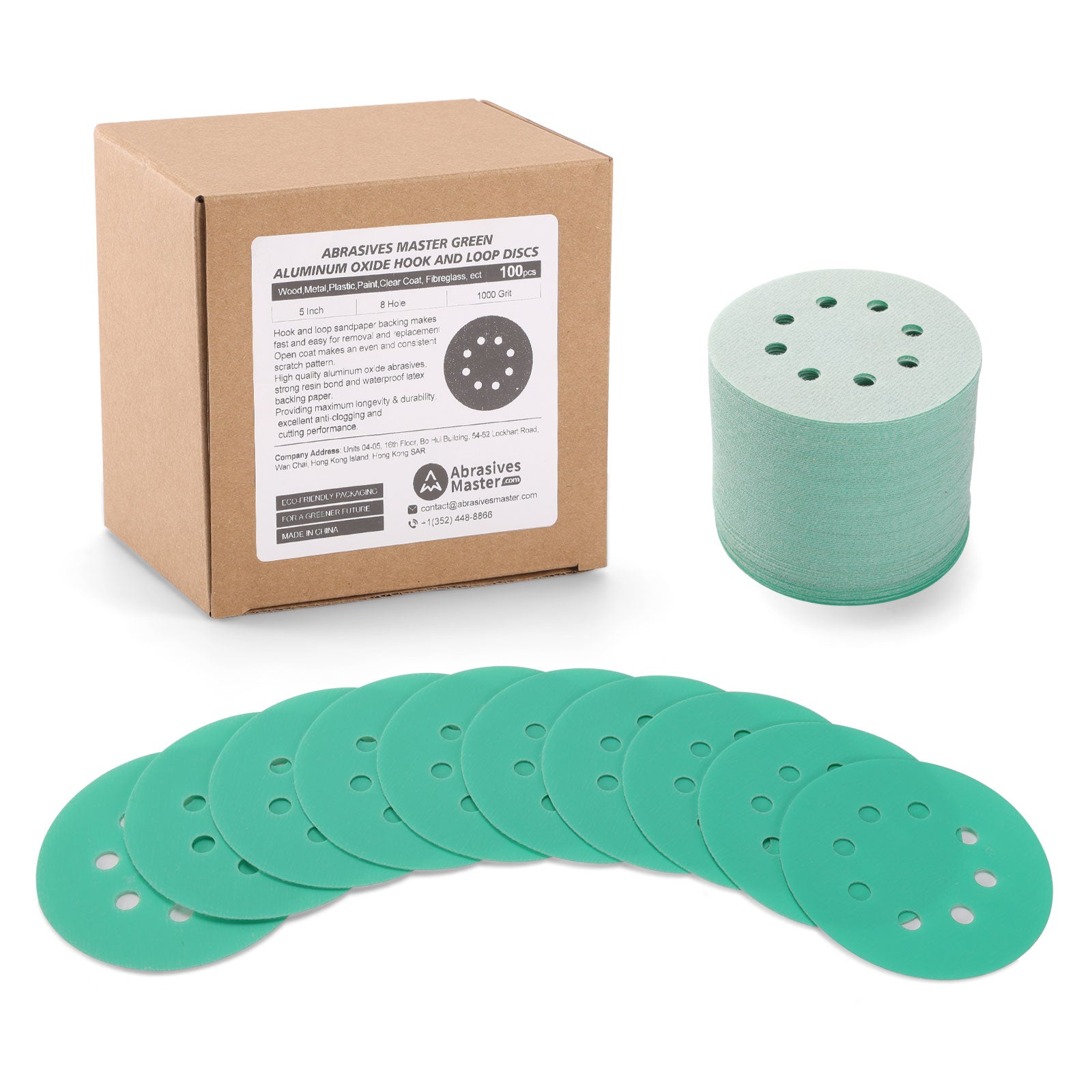 5" (125mm) 8-Hole Hook & Loop Polyester Film Green Sanding Discs - 100Pcs/Box