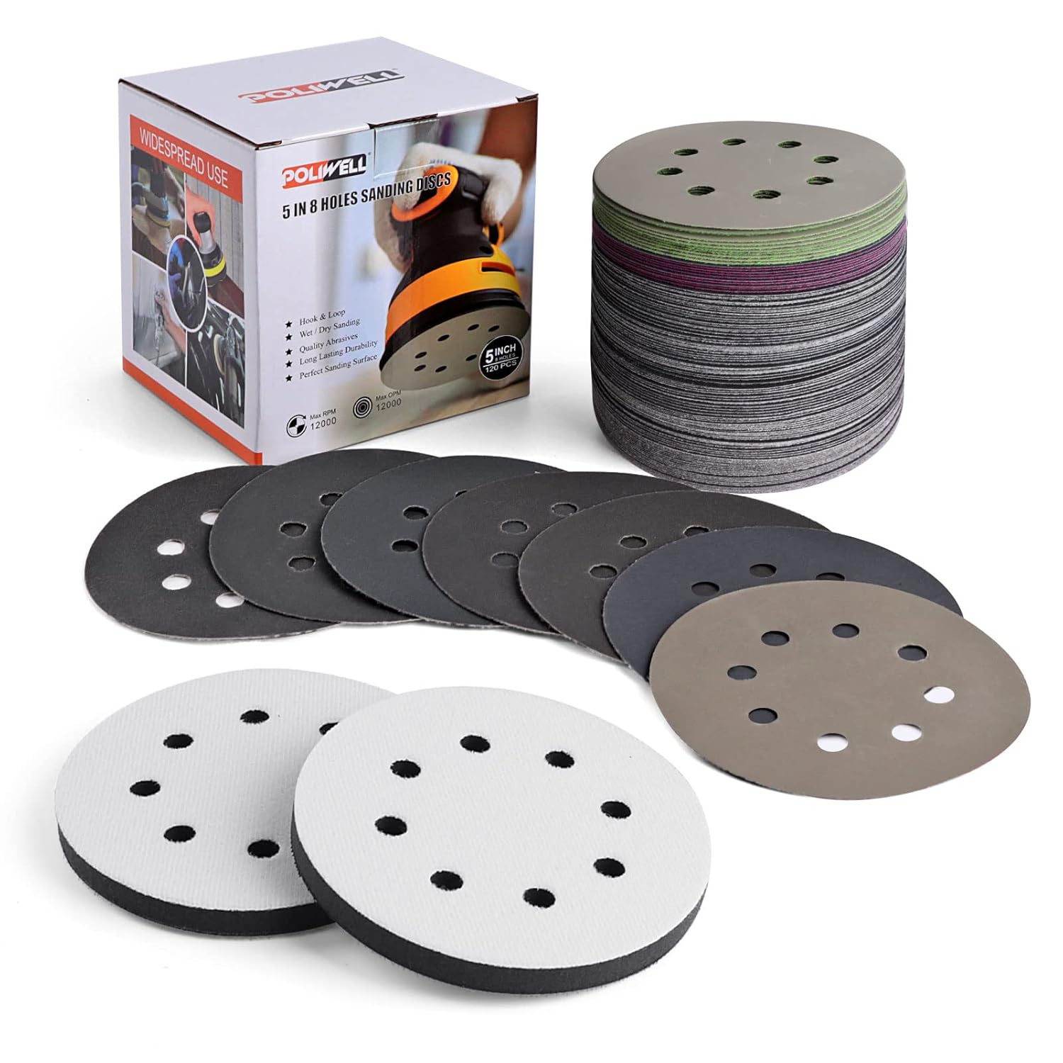 120pcs 5" (125mm) 8-Hole Silicon Carbide Wet/Dry Hook & Loop Sanding Discs with 2pcs Interface Pads