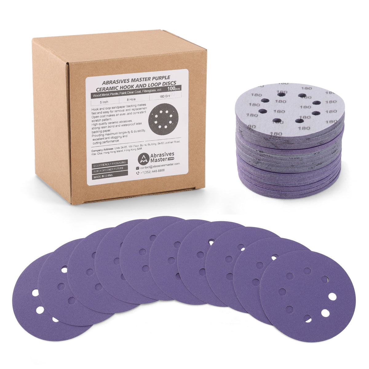 5" (125mm) 8-Hole Hook & Loop Purple Ceramic Sanding Discs - 100Pcs/Box